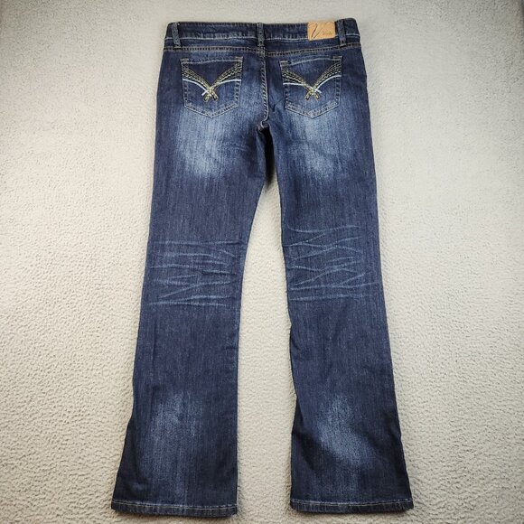 Y2K Vanity Jeans Womens 31x33 Blue Flared Leg Dark Wash Low Rise Whiskered Denim - Picture 2 of 11